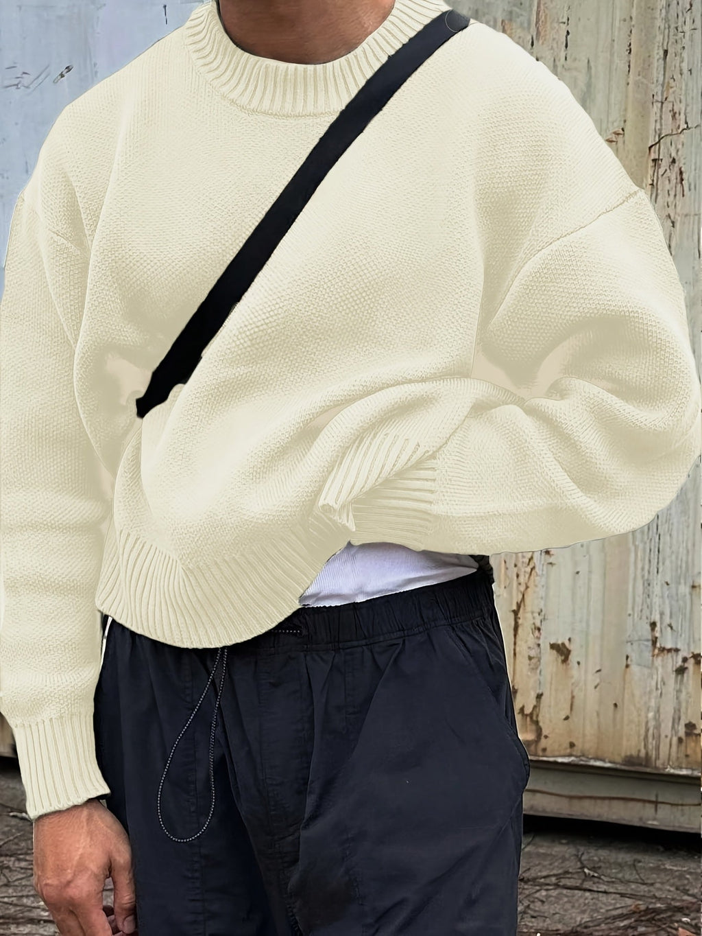 MEELANO Herre Langærmet Sweater med Rund Hals og Ribstrik – Boxy Striktrøje med Drop-skulder, 5 Farver, XS–XL – Mane Creme