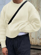 MEELANO Herre Langærmet Sweater med Rund Hals og Ribstrik – Boxy Striktrøje med Drop-skulder, 5 Farver, XS–XL – Mane Creme