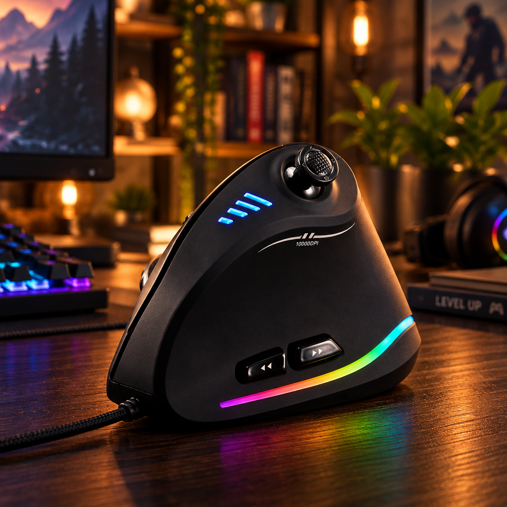 MEELANO Lodret RGB Gamingmus med Joystick og 11 Programmerbare Knapper – Ergonomisk Mus, op til 10.000 DPI – Kryvos