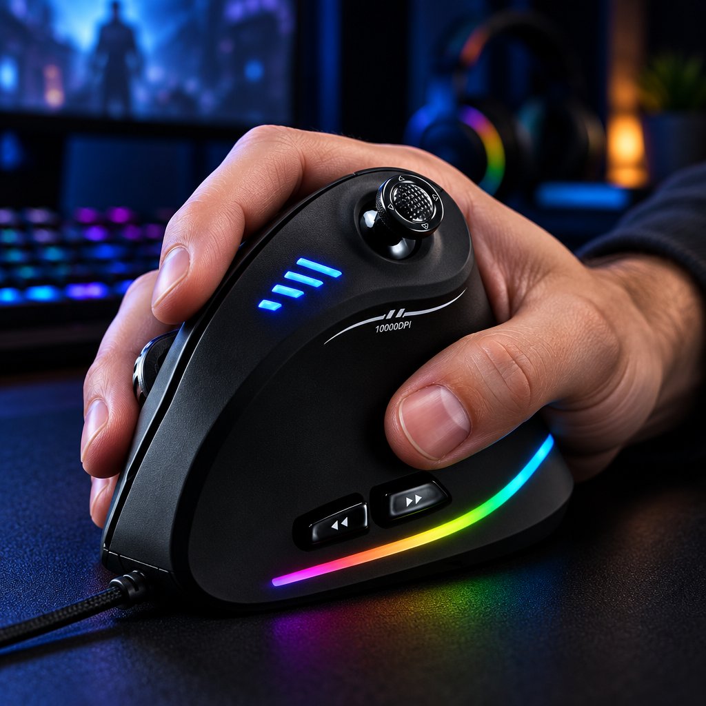 MEELANO Lodret RGB Gamingmus med Joystick og 11 Programmerbare Knapper – Ergonomisk Mus, op til 10.000 DPI – Kryvos