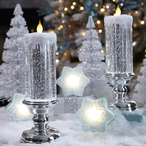 Magiske Julelys – LED Glitterflamme med Vand & Hvirvlende Glitter, Julepynt i Blå, Guld, Rød eller Sølv – TwinkleFlame