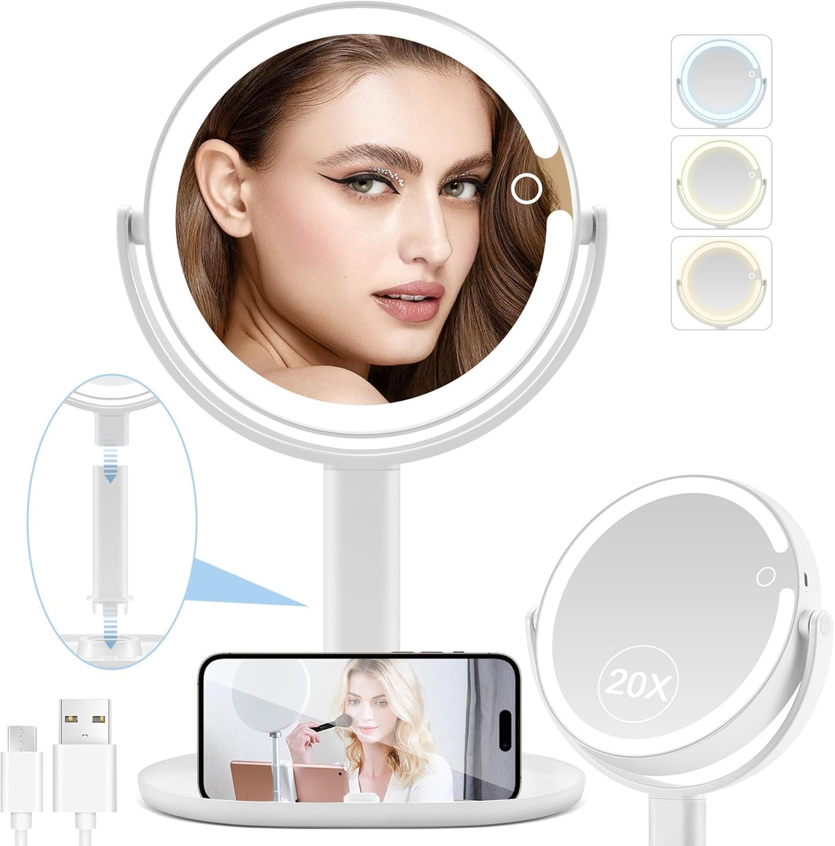 MEELANO Sminkespejl med Lys og 20X Forstørrelse – Dobbeltsidet LED Makeupspejl, Genopladeligt, 3 Lysfarver, 360°