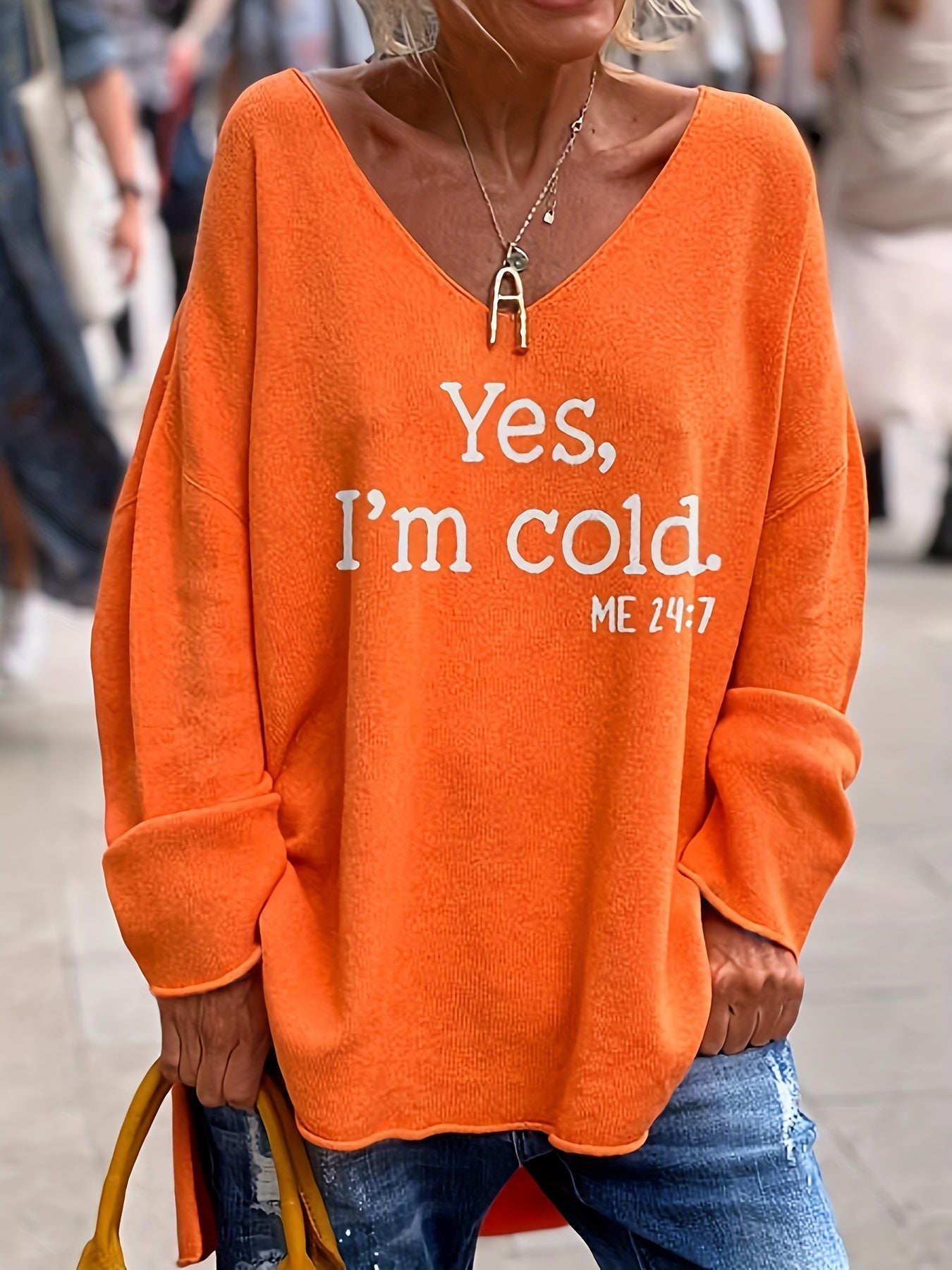 MEELANO Dame Oversize Striktrøje - Varm Plus Size med V-hals Orange-Rot