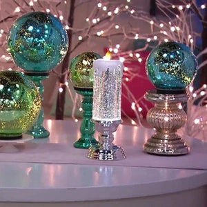 Magiske Julelys – LED Glitterflamme med Vand & Hvirvlende Glitter, Julepynt i Blå, Guld, Rød eller Sølv – TwinkleFlame