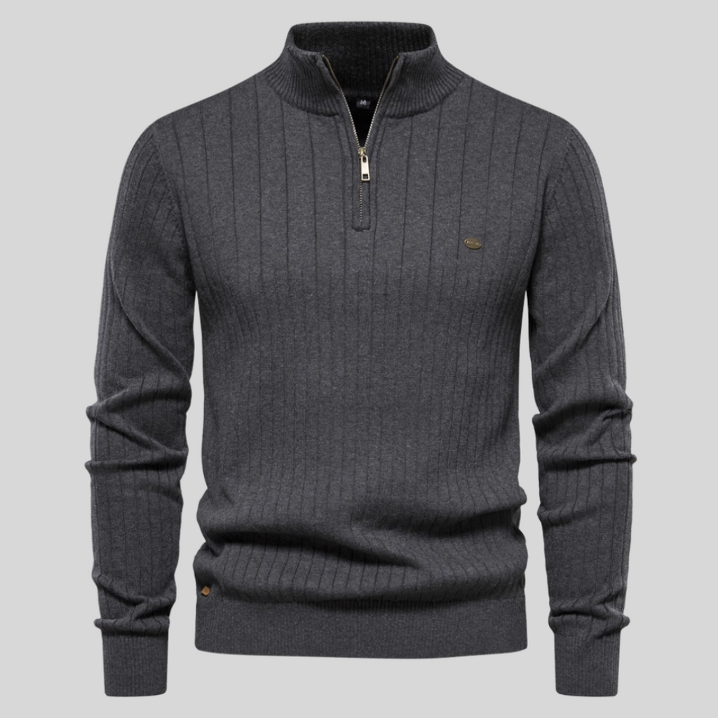 MEELANO Tycho | Herre Half-Zip Ribstrikket Sweater - Varm Striktrøje med Lynlås i Halsen Mørkegrå