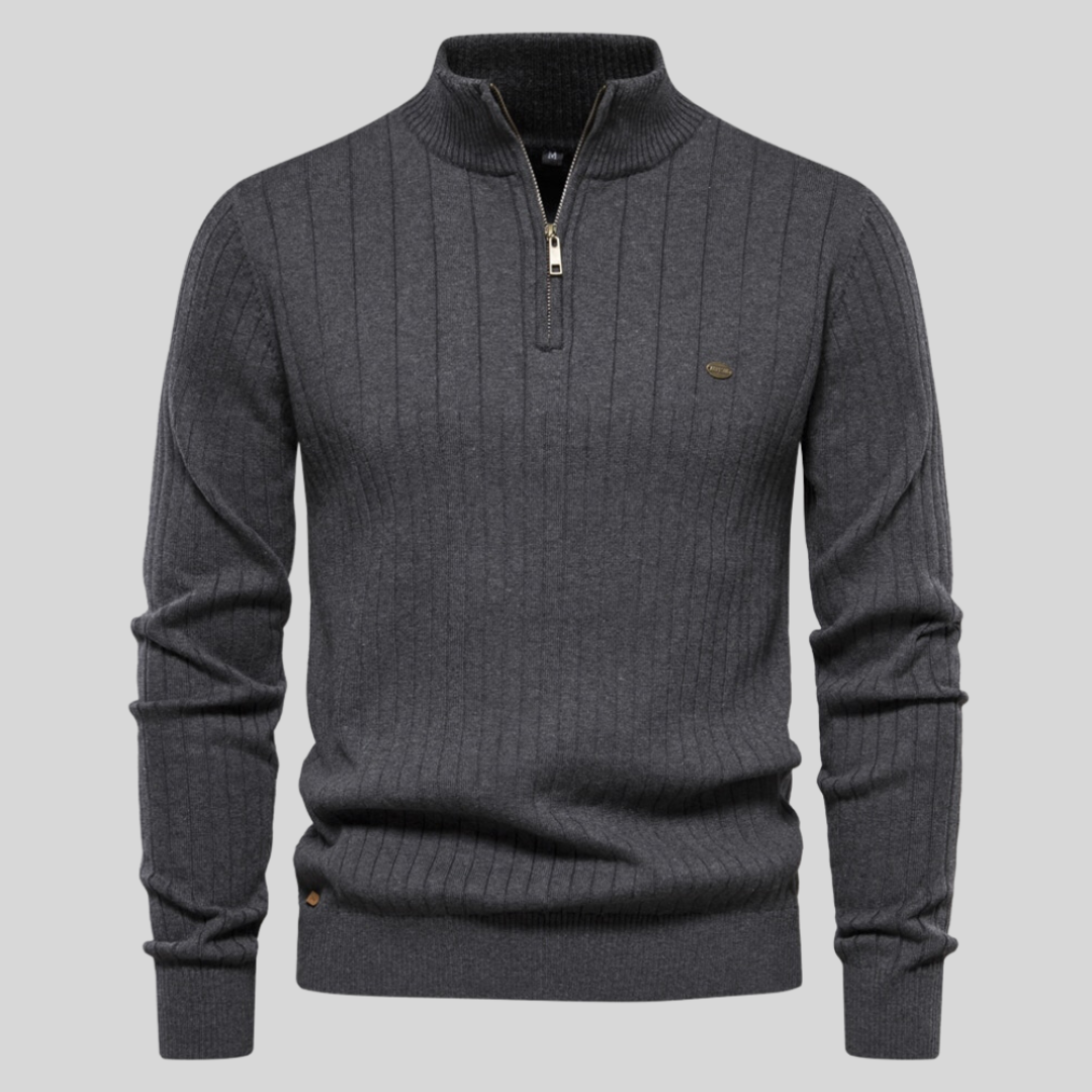 MEELANO Tycho | Herre Half-Zip Ribstrikket Sweater - Varm Striktrøje med Lynlås i Halsen Mørkegrå