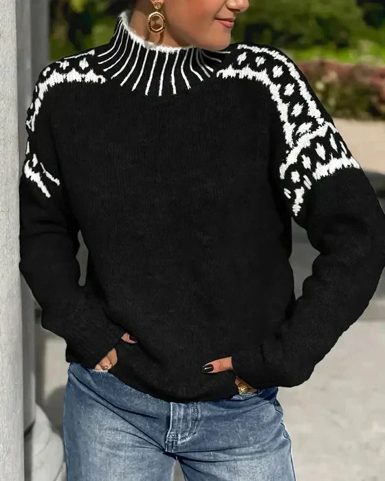 Sephira | Dame Sweater med Mønstrede Skuldre - Langærmet Strik Pullover