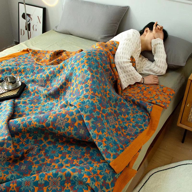 MEELANO Orange & Blå Mønster Seks Lag Bomulds Quilt