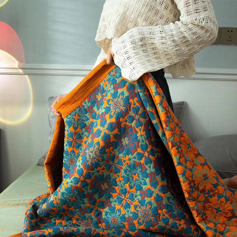 MEELANO Orange & Blå Mønster Seks Lag Bomulds Quilt
