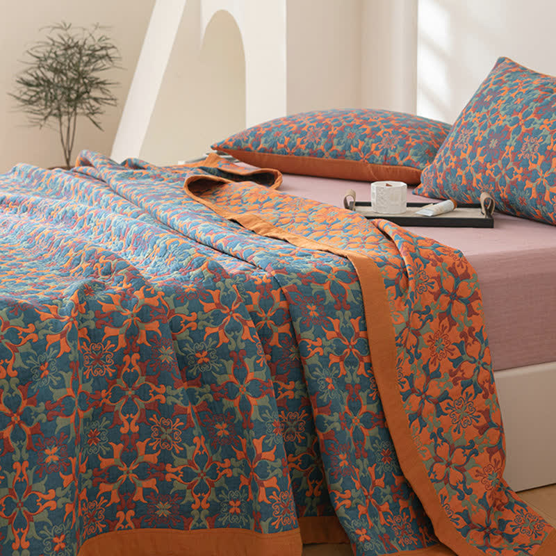 MEELANO Orange & Blå Mønster Seks Lag Bomulds Quilt
