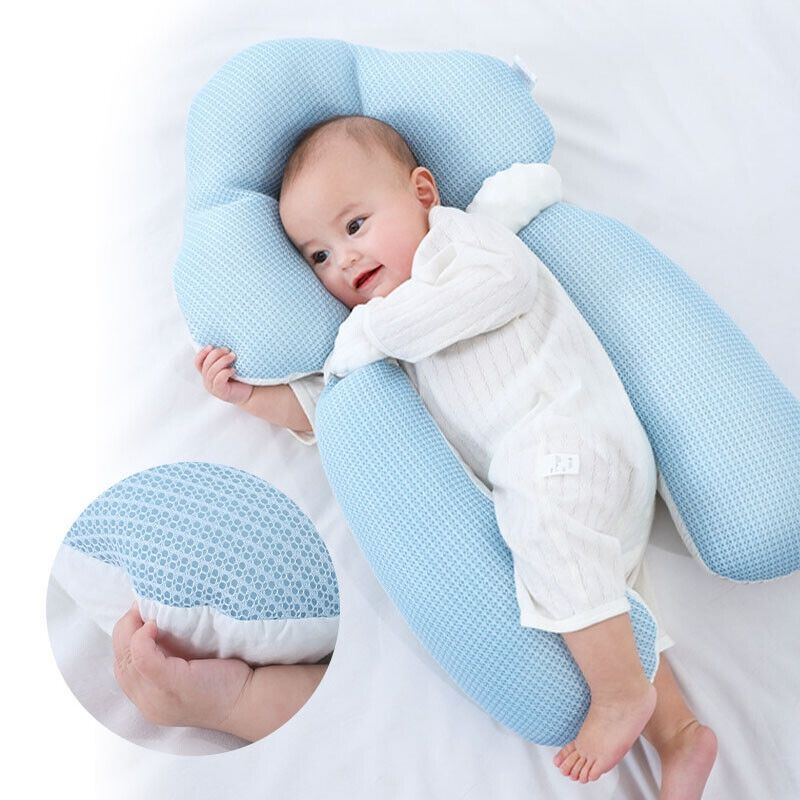 MEELANO Ergonomisk Babypude med Justerbar Støtte – Vendbar Komfortpude 65 × 42 cm, Maskinvaskbar – 0-12 Måneder (Kun Under Opsyn) Blå og hvid