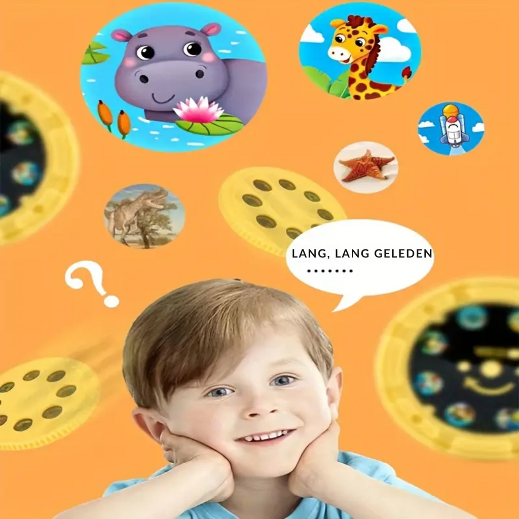MEELANO Projektorlommelygte til Børn – Godnatlampe med 32 Billedskiver til Godnathistorie, Projektor til Loftet, 4 Farver – DreamBeam