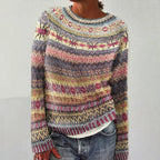 MEELANO Amore | Dame Mønstret Striktrøje med Rund Hals - Finstrikket Pullover Gul