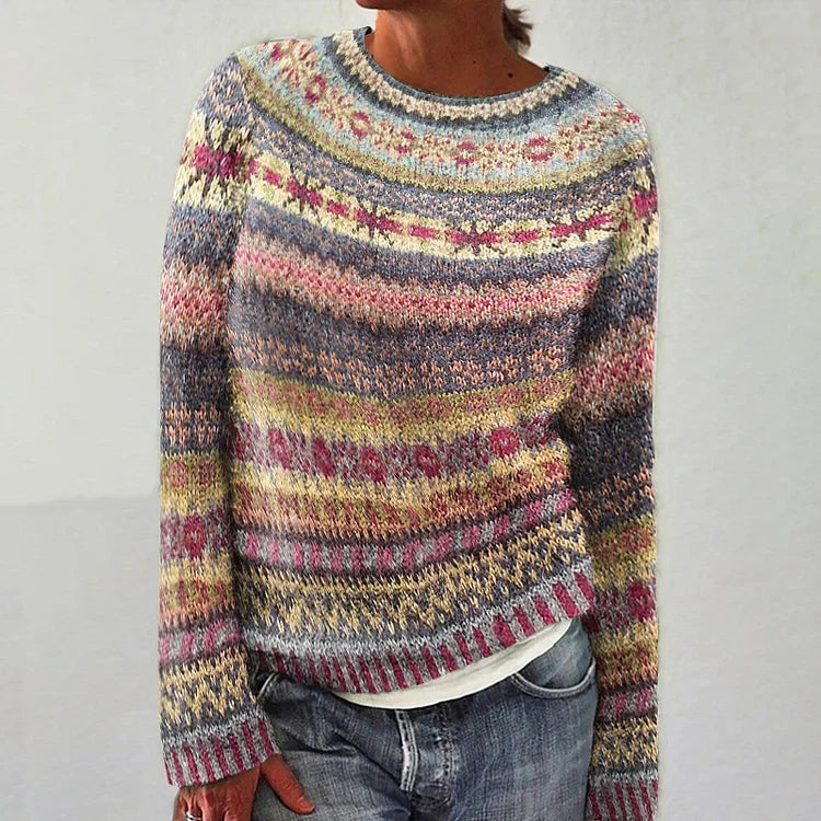 MEELANO Amore | Dame Mønstret Striktrøje med Rund Hals - Finstrikket Pullover Gul