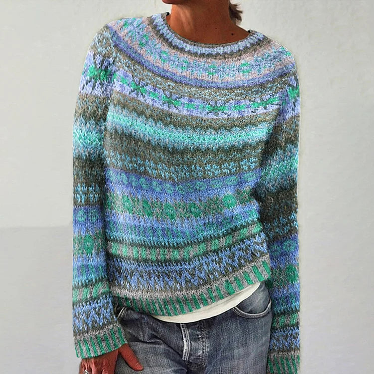 MEELANO Amore | Dame Mønstret Striktrøje med Rund Hals - Finstrikket Pullover Blå
