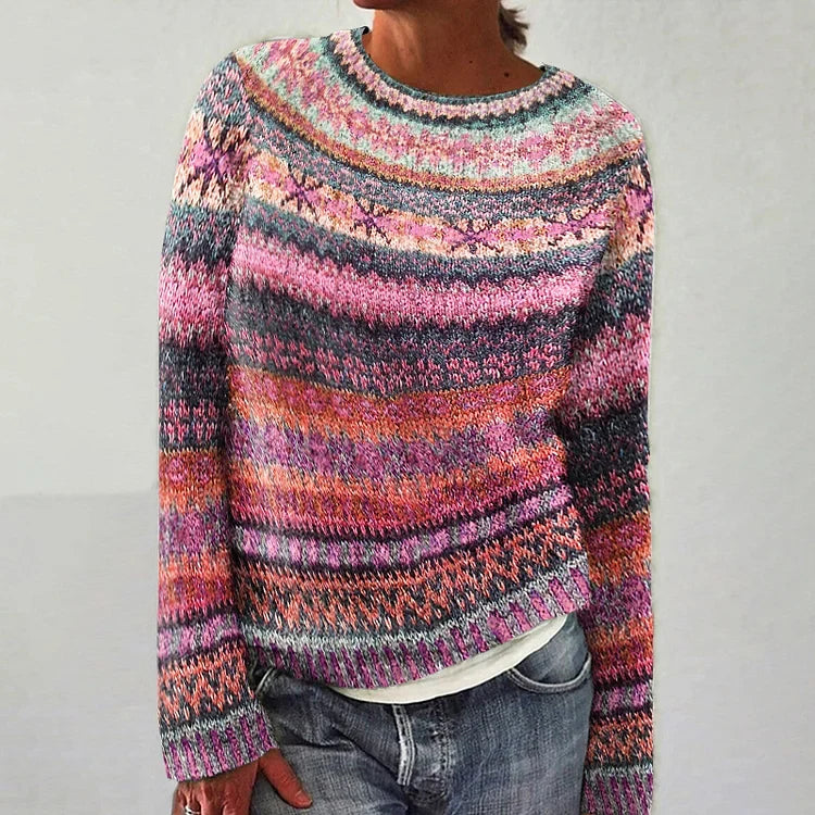 MEELANO Amore | Dame Mønstret Striktrøje med Rund Hals - Finstrikket Pullover Pink