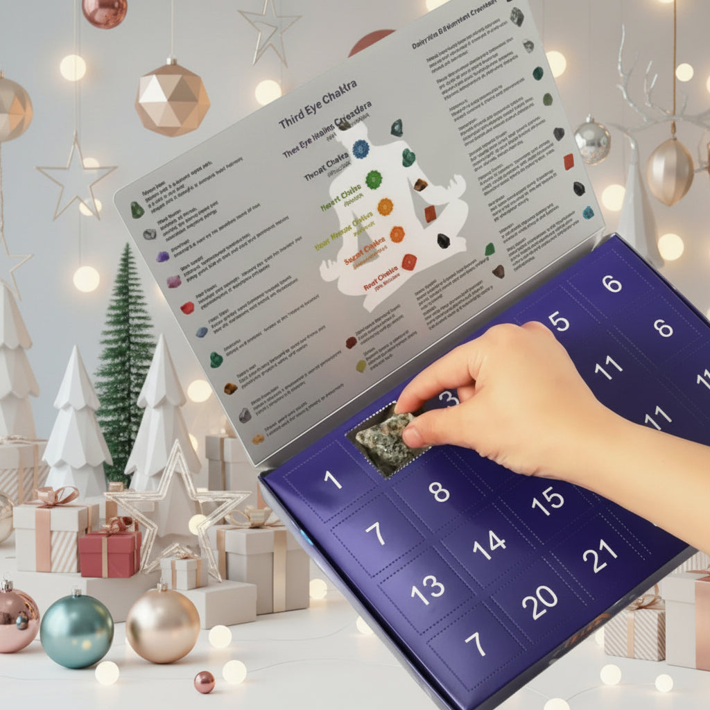 MEELANO Ædelsten Julekalender – 24 Naturlige Krystaller & Sten til Nedtællingen til Jul, Stensamlergave, 2 Varianter