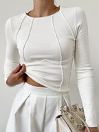 MEELANO Pamelo | Dame Langærmet Basic T-Shirt med Blondekant - Blød Bomuldstop Off-White