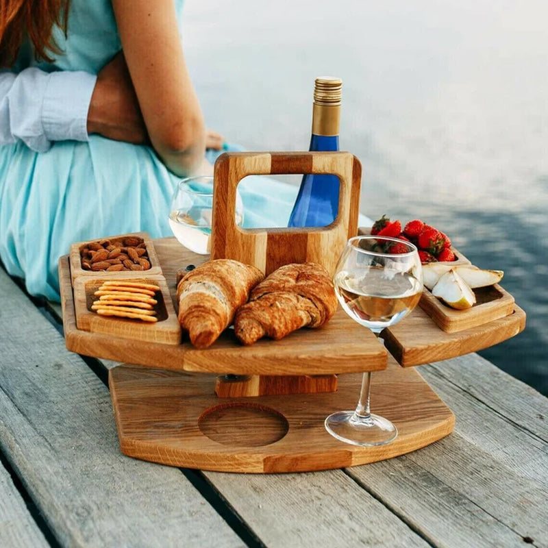 MEELANO Bærbar Træ Picknickvinsbord med Stor Serveringsplads – 36x31 cm