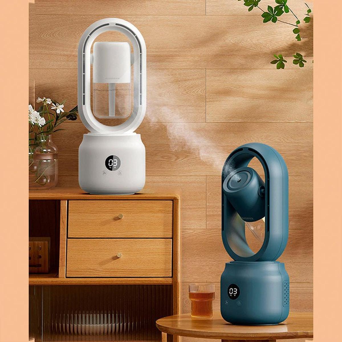 MEELANO Bærbar Bladløs Ventilator – 3-i-1 Køler med Luftfugter & Natlys Blå