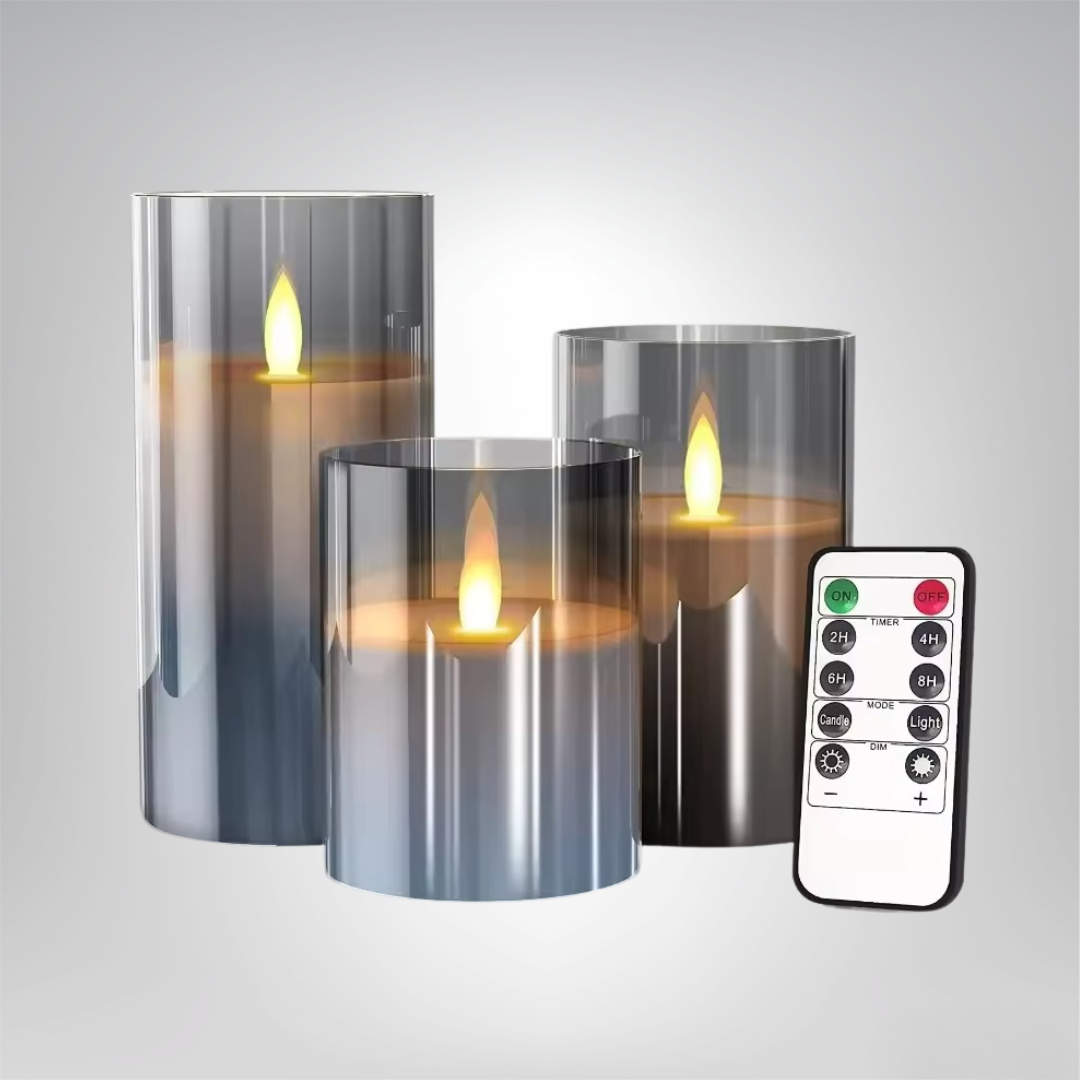 MEELANO Batteridrevne LED Stearinlys med Fjernbetjening – Flammeløse Dekorative Lys til Hjem & Hygge Grå