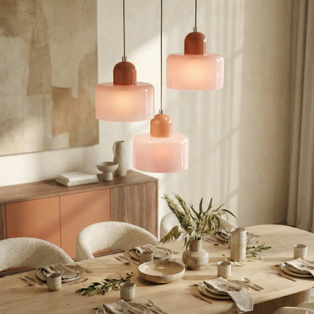 MEELANO Bauhaus Pendellampe i Farvet Glas – Højdejusterbar Loftlampe til Spisebord & Køkkenø, Farvet Glas i 6 Farver