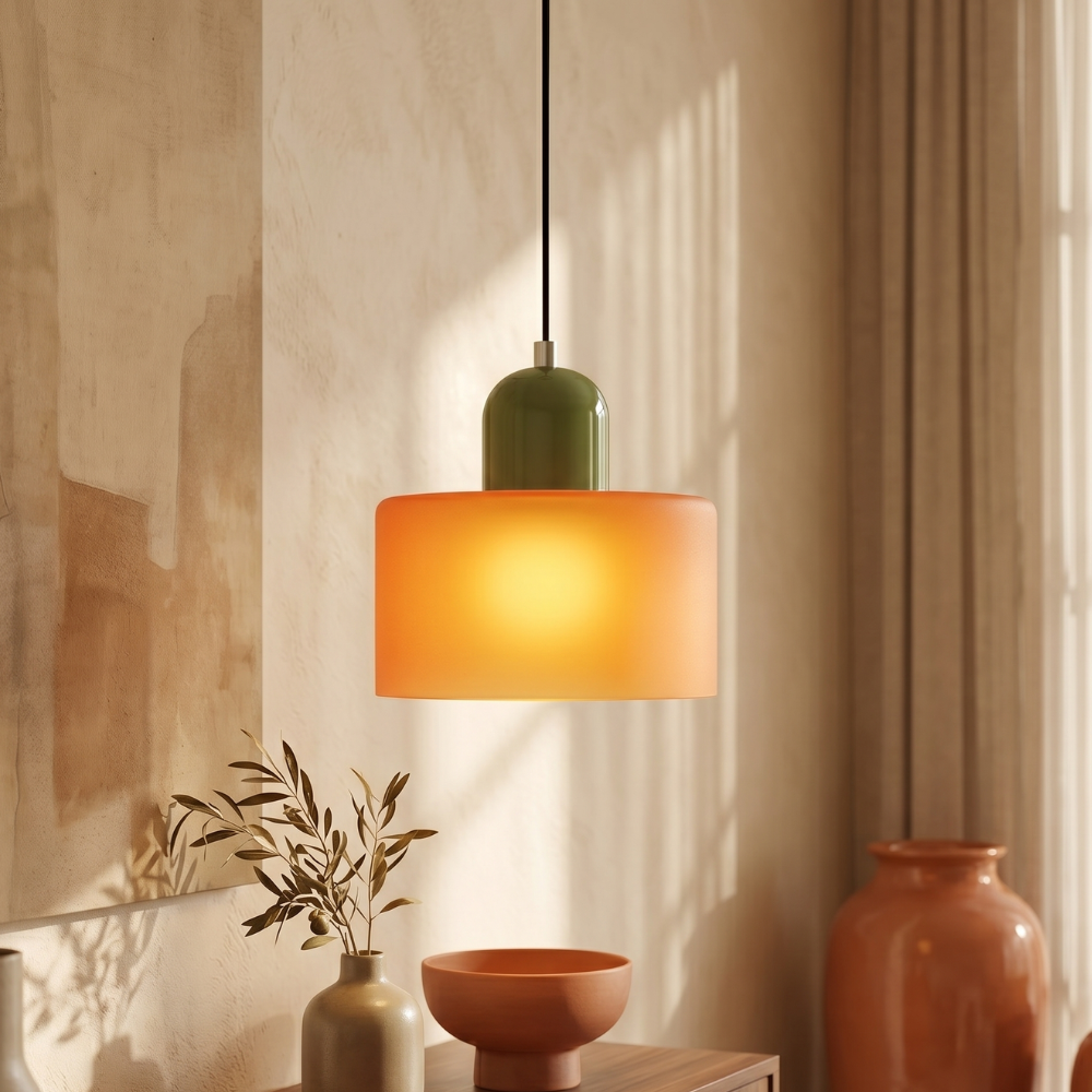 MEELANO Bauhaus Pendellampe i Farvet Glas – Højdejusterbar Loftlampe til Spisebord & Køkkenø, Farvet Glas i 6 Farver