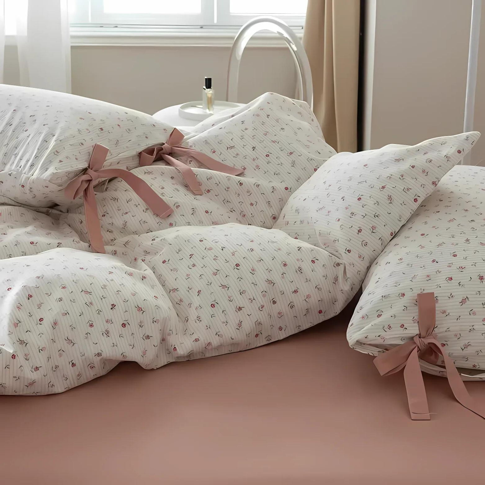 MEELANO Belinda Sengesæt – 100% Bomuld med Blomstermønster & Dekorative Bånd