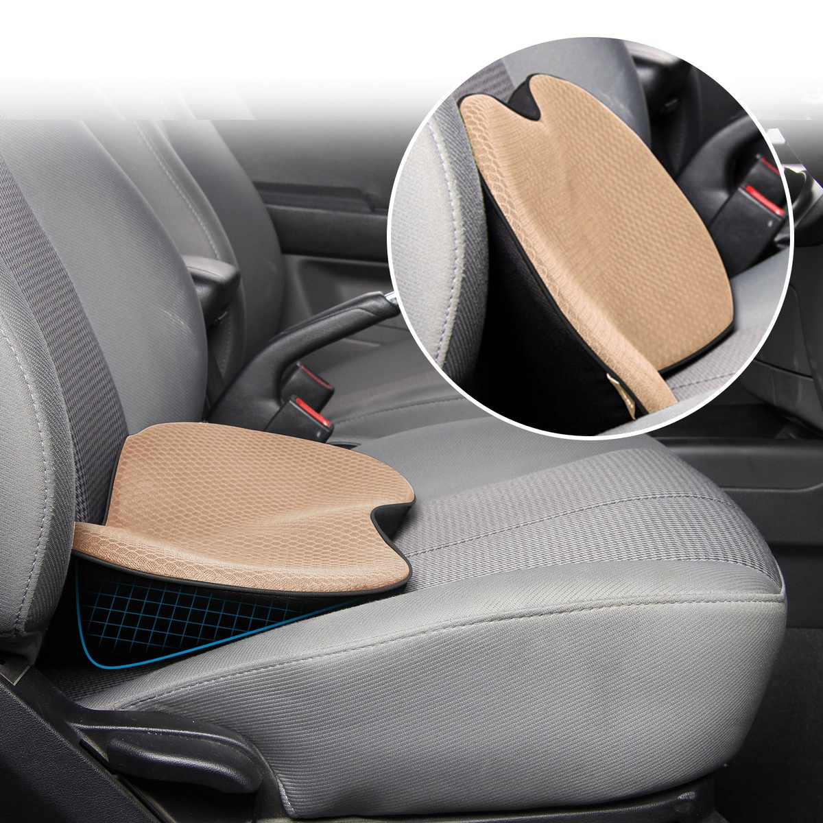 MEELANO Ergonomisk Bilsædepude til Voksne 8,6 cm Tykkelse - Booster Seat Hævepude til Førersæde for Bedre Udsyn & Komfort Beige