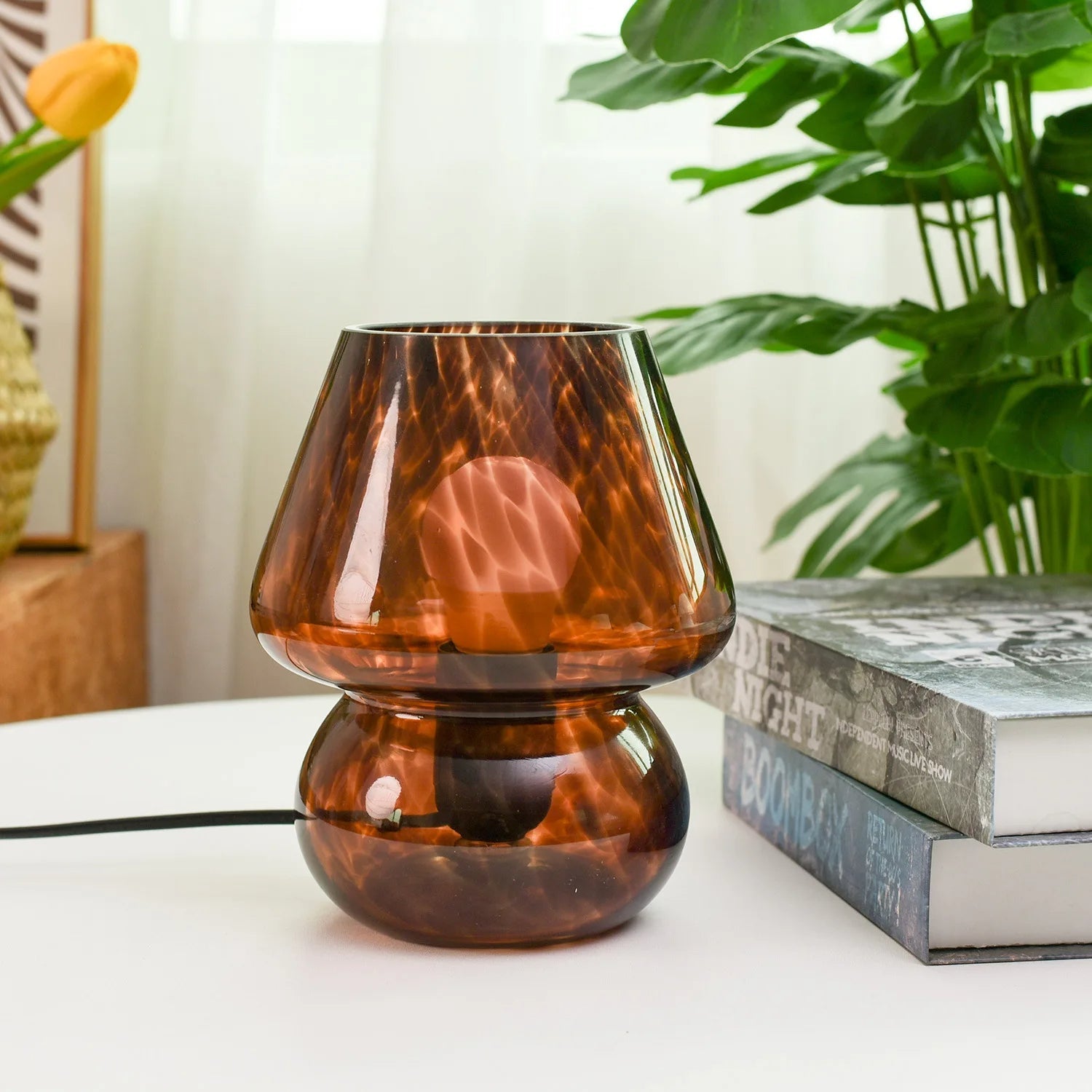 MEELANO Bordlampe Glas Paddestol Moderne Design 19cm Brun