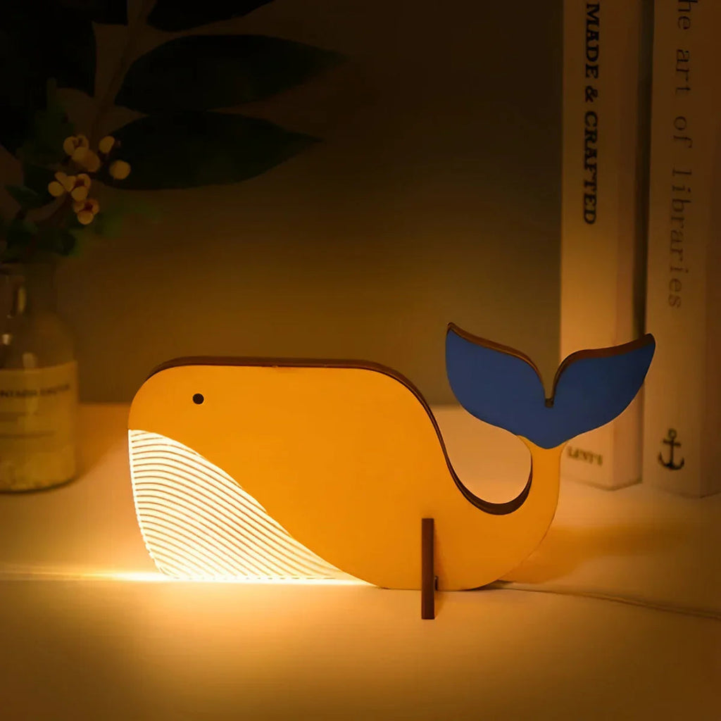MEELANO Bordlampe I Træ Med Dyremotiv Til Børneværelset Natlys Og Dekorativt Trædesign Med Pelikaner Hvaler Og Stjernehimmel Hval