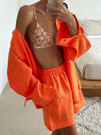 MEELANO Bomuld Casual Buksesæt Med Langærmet Skjorte Sommeroutfit Og Elastisk Talje Orange