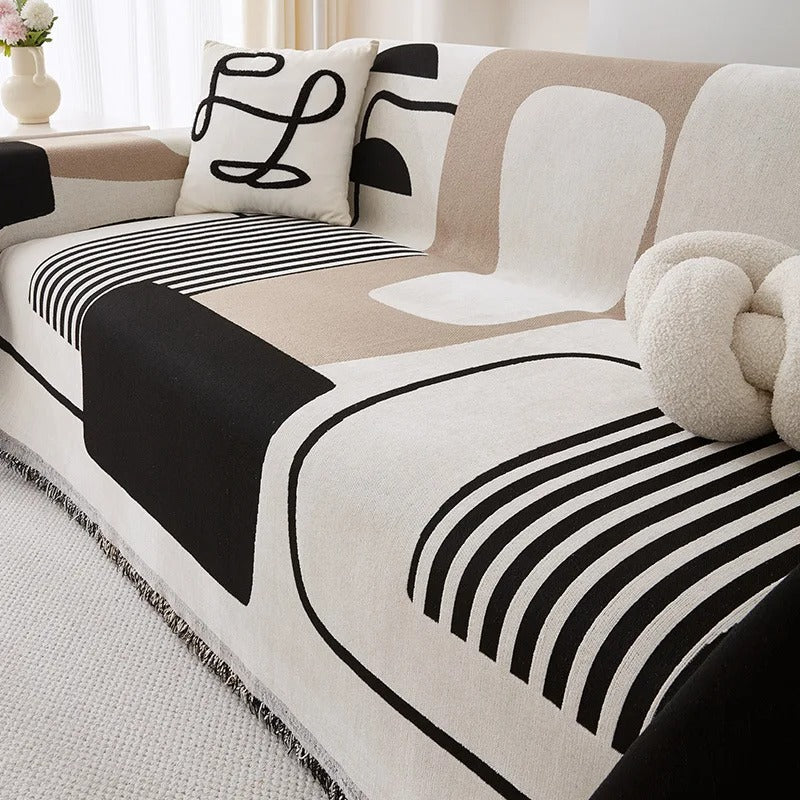 MEELANO Caterpillar Tæppe – Farverigt Jacquard Tæppe i Bomuld/Polyester med Frynser Beige