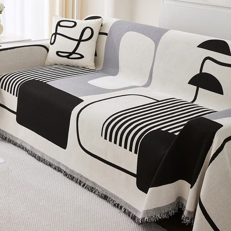 MEELANO Caterpillar Tæppe – Farverigt Jacquard Tæppe i Bomuld/Polyester med Frynser Grå