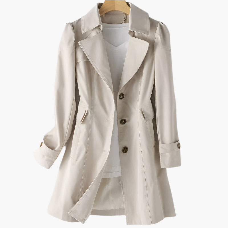 MEELANO Chāme | Dame Lang Trenchcoat - Elegant Efterårsfrakke med Bælte & Klassisk Krave Beige