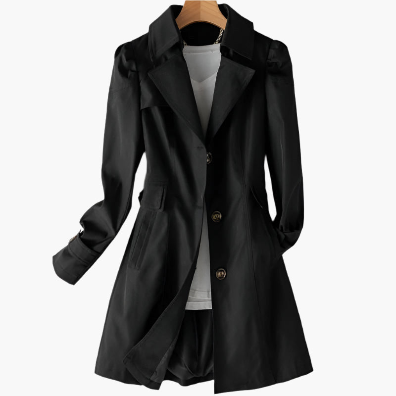 MEELANO Chāme | Dame Lang Trenchcoat - Elegant Efterårsfrakke med Bælte & Klassisk Krave Sort