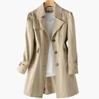 MEELANO Chāme | Dame Lang Trenchcoat - Elegant Efterårsfrakke med Bælte & Klassisk Krave Khaki