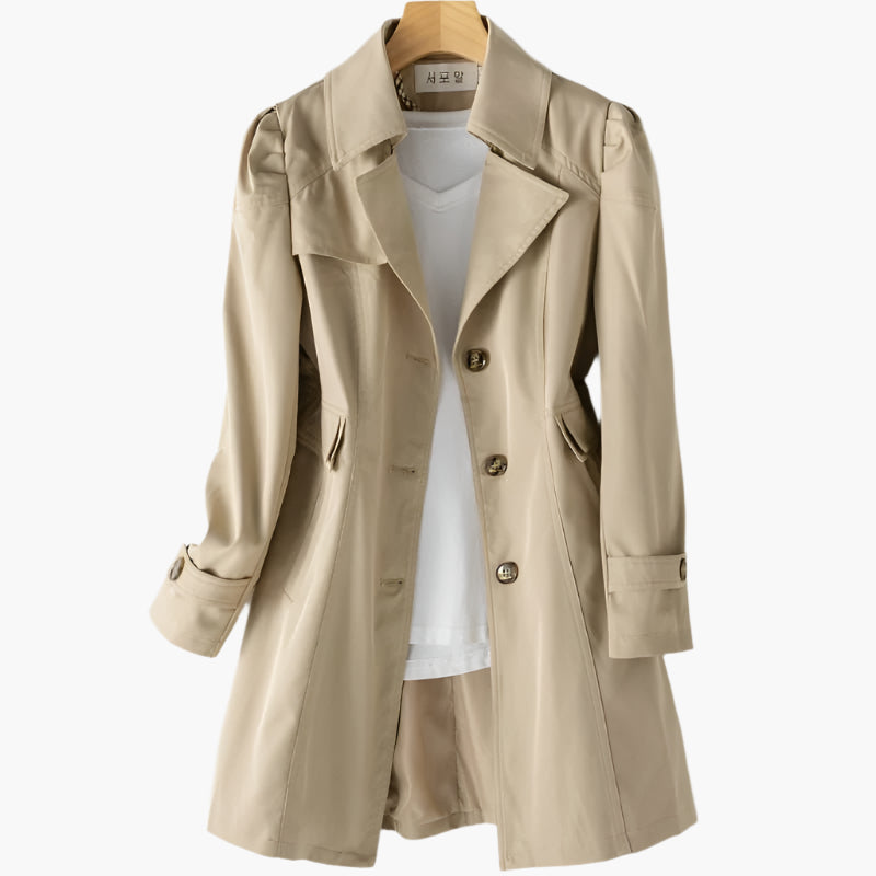 MEELANO Chāme | Dame Lang Trenchcoat - Elegant Efterårsfrakke med Bælte & Klassisk Krave Khaki