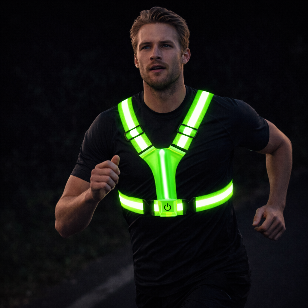 MEELANO LED Løbevest – Genopladelig Reflekterende Sikkerhedsvest med 360° Synlighed til Løb & Cykling, Unisex, 3 Farver Grøn