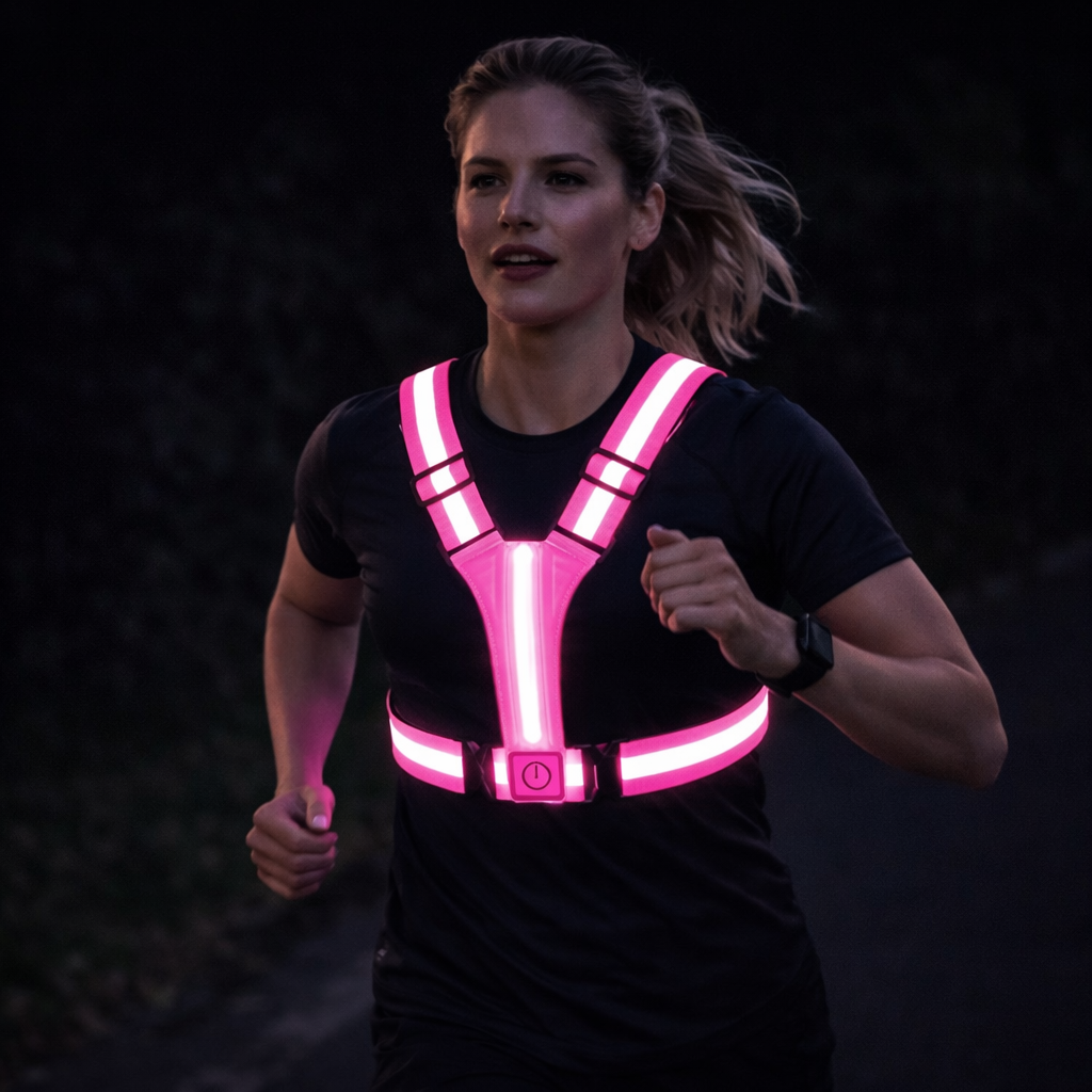 MEELANO LED Løbevest – Genopladelig Reflekterende Sikkerhedsvest med 360° Synlighed til Løb & Cykling, Unisex, 3 Farver Lyserød