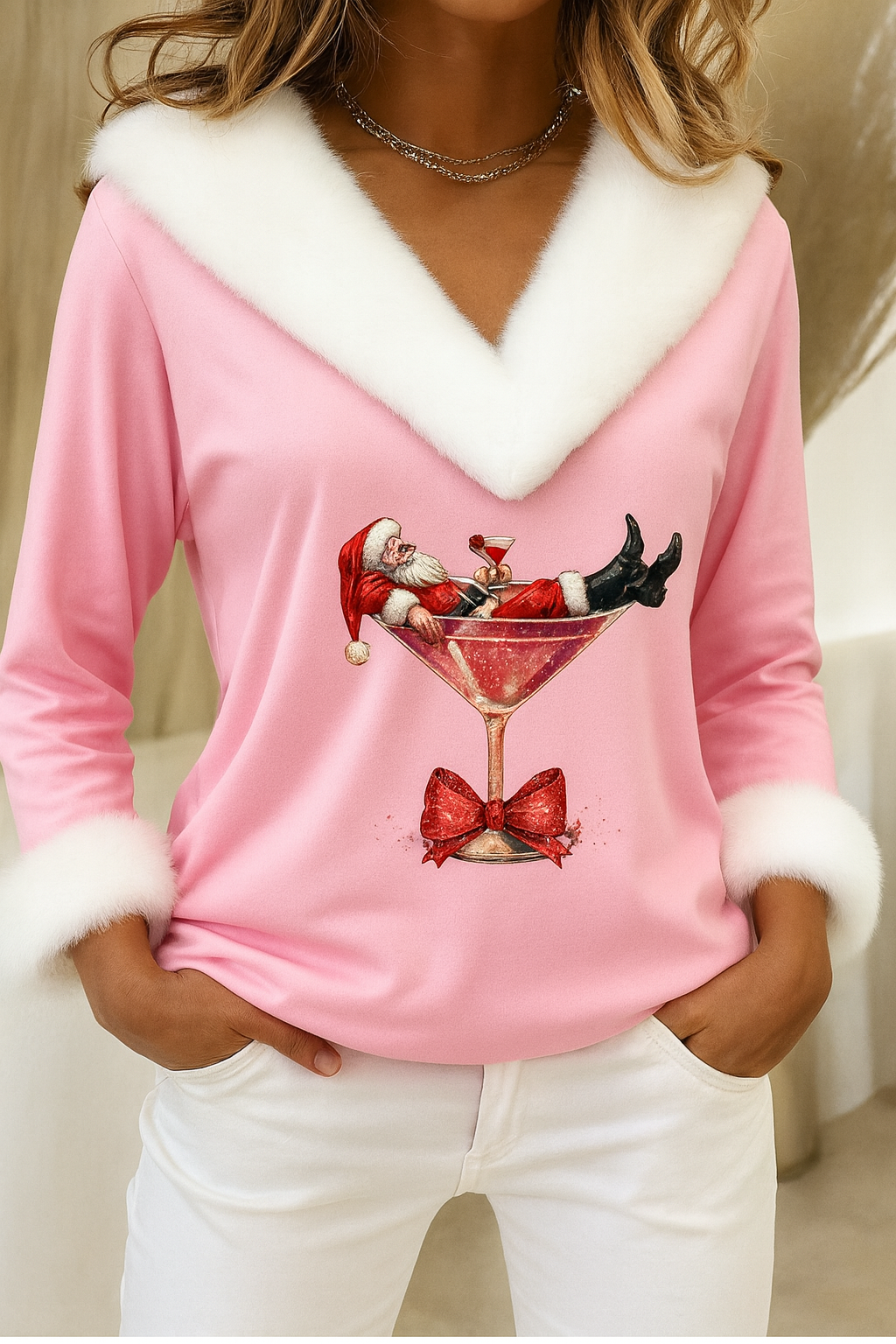 MEELANO Flōre | Plysssweater med Julemotiv Pink