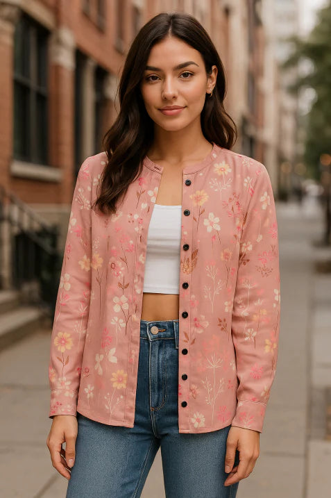 MEELANO Dame Strikcardigan - Med Rund Hals & Flot Blomsterprint Rosa