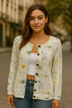 MEELANO Dame Strikcardigan - Med Rund Hals & Flot Blomsterprint Weiß