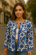 MEELANO Dame Strikcardigan - Med Rund Hals & Flot Blomsterprint Blau