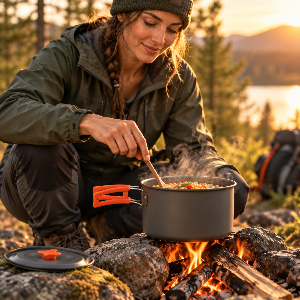 MEELANO Kompakt Udendørs Kogesæt – Campingkogesæt med Gryde, Pande & Kedel, Stabelbart til Vandring & Trekking – TrekChef