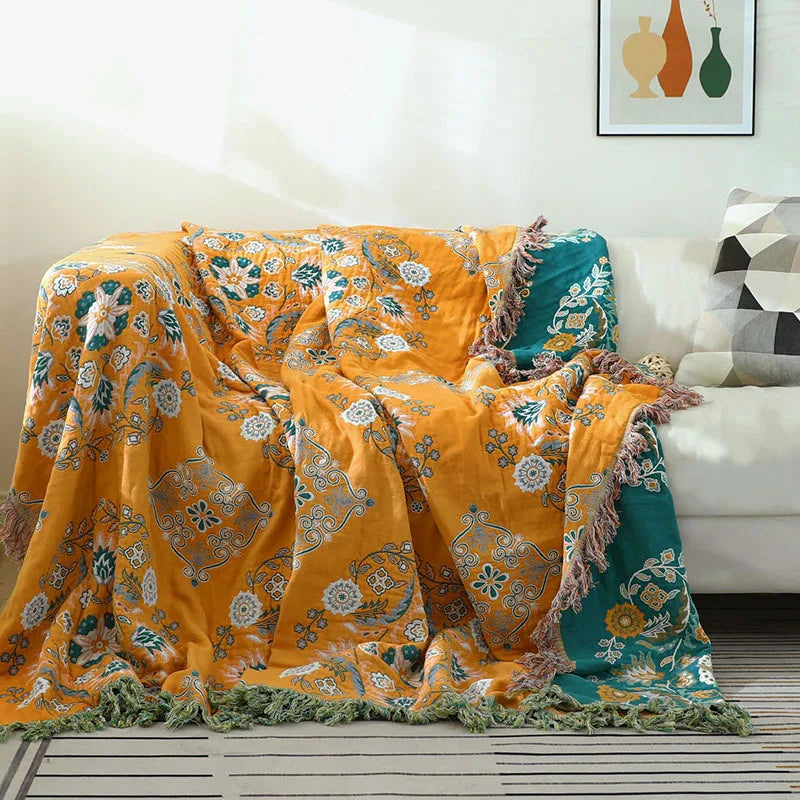 MEELANO Bomuldstæppe Med Boho Jacquard Og Alsidig Komfort Til Sofa Gul