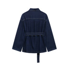 MEELANO Damemode 2-delt Denim Jakke Og Jeansbukser Sæt Med Bælte Og Vintage Lynlås