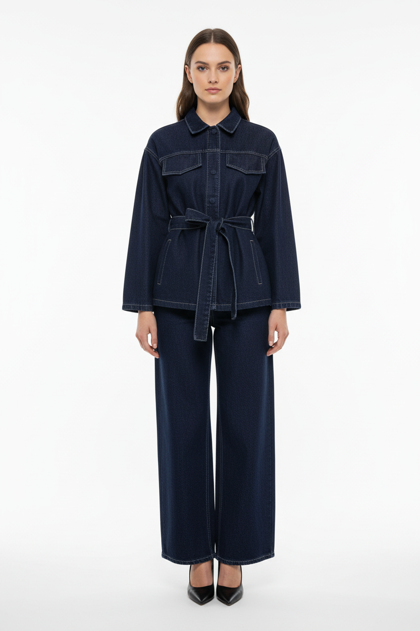 MEELANO Damemode 2-delt Denim Jakke Og Jeansbukser Sæt Med Bælte Og Vintage Lynlås