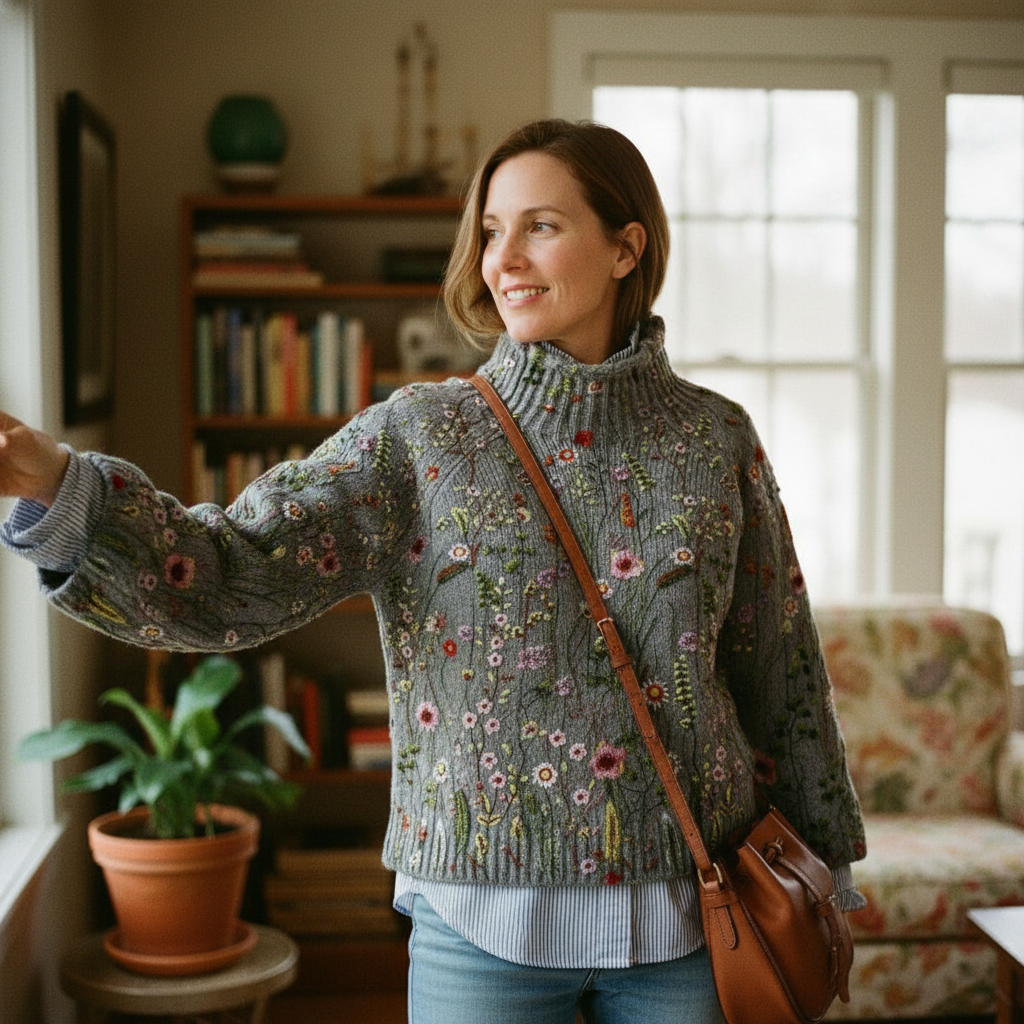 Roque | Dame Højhalset Striktrøje med Blomster - Varm Rullekrave Sweater med Broderi