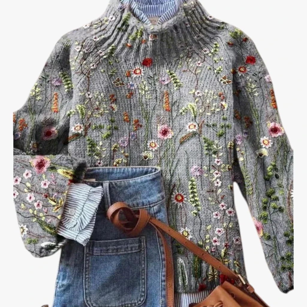 Roque | Dame Højhalset Striktrøje med Blomster - Varm Rullekrave Sweater med Broderi